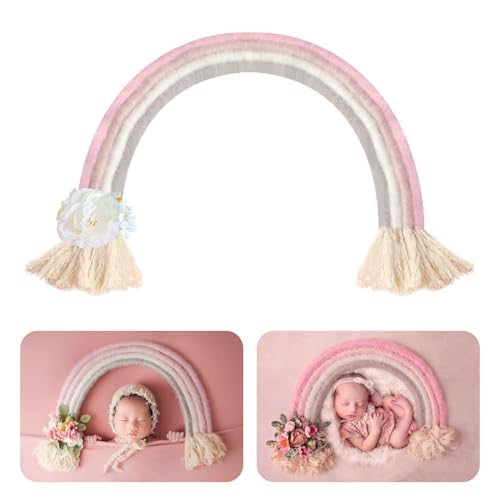 Image of Newborn Photography Props Macrame Rainbow Decor Handmade Rainbows Newborn Photo Prop Rainbow Baby Photoshoot Props Bedroom Wall Decor Playroom Nursery Photo Props Accessories (Pink)