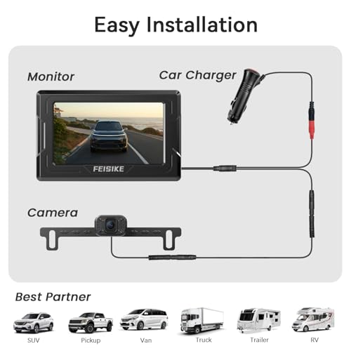 Image of FEISIKE Backup Camera, 1080P IR Night Vision with Monitor, Easy Setup Plug-Play Rear View Camera, 150 Degrees Wide Angle, IP68 Waterproof, 4.3 inch Display for Car Truck SUV