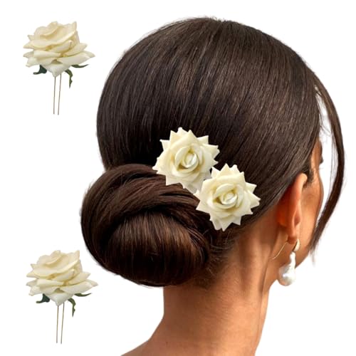 Image of Hair Flare Artificial Plastic & Metal Rose Flower with An Abundance of Petals Design Hairpin /Hair Clip /Judabun | Bridal Hair Accessories, Wedding, Festival for Women & Girls - 2700, Set of 2