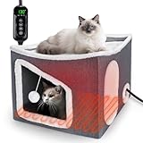 Tovve Heated Cat House for Indoor, Large Cat Bed with Heating Pad, Adjustable Temperature & Timing, with Fluffy Ball Hanging and Scratch Pad, Foldable Pet Hideaway for Small Medium and Large Cats（XL）