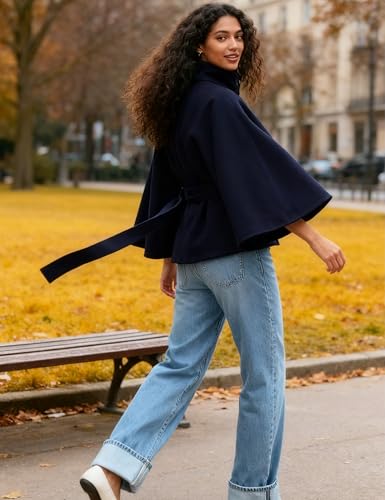 Hooever Women Batwing Sleeve Ponchos Pea Coat Wool Bland Stand Collar Jacket Winter Cropped Overcoat4