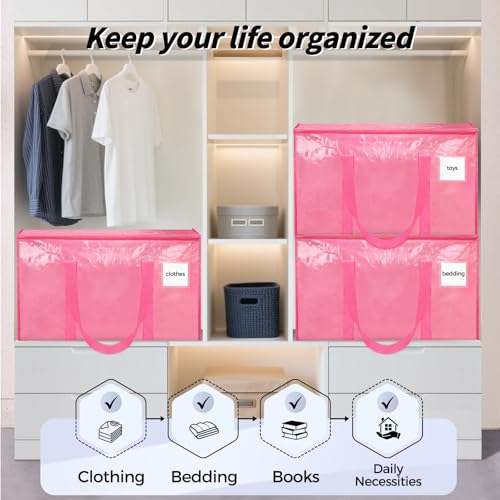 Image of 16 Pack Extra Large Heavy Duty Moving Bags, Pink Storage Bins with Lids, Reinforced Handles & Heavy-Duty Zippers Moving Boxes Storage Bags Totes for Clothes Packing, Dorms, College Supplies, Pink
