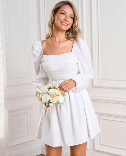 Women's Casual Square Neck Short Dress Long Lantern Sleeve A Line Wedding Guest Party Mini Dresses4