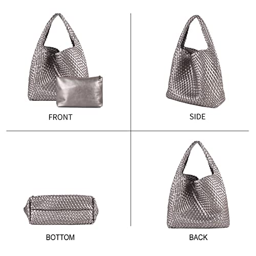 Image of Woven Tote Bag with Purse for Women Hobo Vegan Leather,Large Handmade Beach Handbag,Shoulder Underarm Bag (SILVER)