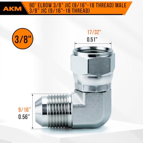 Image of 90 Elbow Straight Hydraulic Hose Adapter Fittings, 6500-06-06 3 /8 inch Male JIC (9 /16 inch-18 thread) x 3 /8 inch Female JIC (9 /16 inch-18 thread) Swivel Connectors x 5 pack