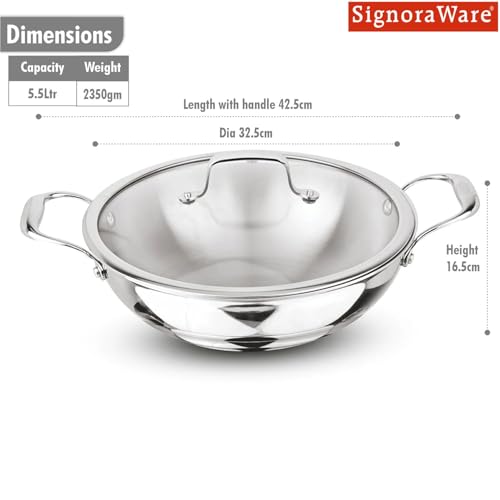 Image of Signoraware Artista Tri Ply Stainless Steel Shallow Kadhai 30cm with Glass Lid | Induction & Gas Compatible | Durable | Ideal for Stir Frying & Sauteing | Best for Curry & Gravies (5.5 LTR | Steel)