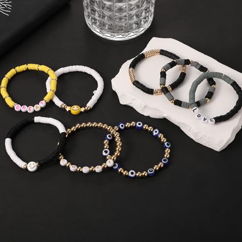 Image of Preppy Bracelets Set Colorful White Gold Smile Heart Star Polymer Beaded Pearl Clay Stackable Charm Y2K Kidcore Aesthetic Summer Beach Bohemian Stretch Layering Bracelets Jewelry for Girls Women Teens