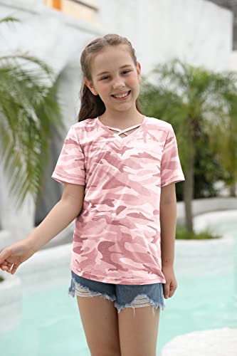 Image of Girls Camouflage Stripe Short Sleeve Shirts V Neck Criss Cross Tees Sweat Kids Casual Sport Tops Blouse(4-15T)