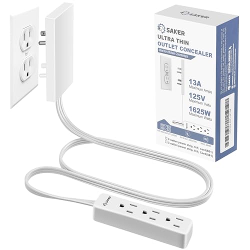 Saker Outlet Concealer Power Strip | 5ft Flat Plug Extension Cord with 3 Outlets 1625W | Universal Size Outlet Cover Baby Proofing | Cover Extension Cord for Kitchen Home and Office