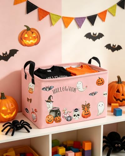 Image of Essme Rectangular Halloween Baskets,Ghost Storage Box,Cute Basket for Kids Room Decor, Book Bins,Shelf Basket.（Pink Ghost