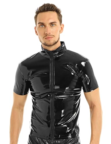FEESHOW Herren Wetlook Shirt Kunstleder Jacke Hemd Männer Lack Optik Freizeithemd Polizeihemd Mit Knöpfe/Reißverschluss Schwarz C XXL