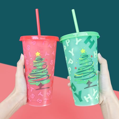 Cosiesnest 4 Pcs Christmas Color Changing Cups with Lids and Straws 24OZ Christmas Plastic Cup Xmas Iced Coffee Cold Cups, Xmas Tree Design for Party Kids & Adults