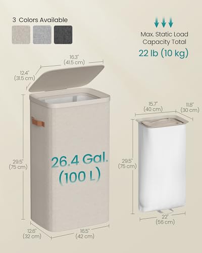 Image of SONGMICS Laundry Basket, 26.4 Gal. Laundry Hamper, Easy Assembly, with Lid and Handles, Removable Liner, 16.5 x 12.6 x 29.5 Inches, Cappuccino Beige ULCB811LH01