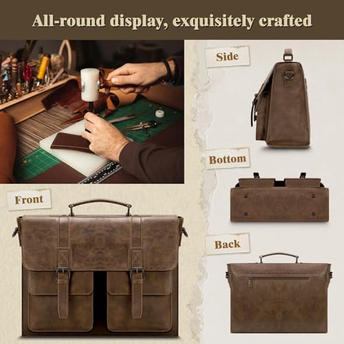 RAINSMORE Leather Messenger Bag for Men 15.6 Inch Vintage Laptop Bag Waterproof Briefcases for Men Computer Shoulder Bag Satchel for Work, Office, College, Business, Darkbrown