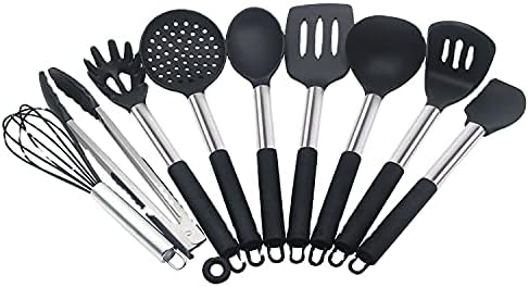 Silicone Kitchen Utensil Set, 8 pcs Kitchen Cooking Utensils Set, Heat Resistant Non-Stick Silicone Cookware with Stainless Steel Handle, Spatula Spoon Turner Tongs(Black)