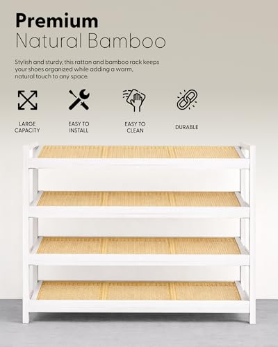 KEPLIN 4 Tier Bamboo and Rattan Shoe Organiser Rack – Eco-Friendly, Durable, Easy Assembly – Compact Design for Entryway, Closet, or Hallway – Stylish and Functional Storage – White and Natural - Image 5