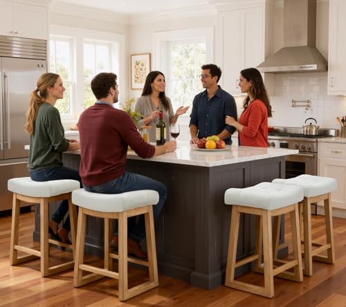 Image of Counter Height Bar Stools Set of 6, 24 Inch Backless Upholstered Counter Stools with Solid Rubberwood Legs, Modern Farmhouse Saddle Stools for Kitchen Island, Home Bar, Ivory Linen Fabric
