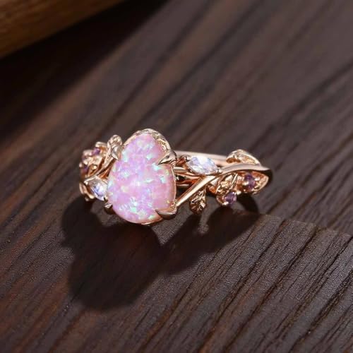 10k 14k 18k Gold Opal Diamond Engagement Rings for Women Pink Opal Ring Vintage ring Unique Nature Inspired Leaf Ring Pink stone Gifts2