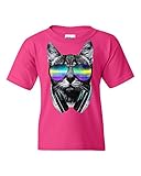 Funny DJ Cat Youth T-Shirt Music Kitten Headphones and Glasses Tee Hot Pink Small