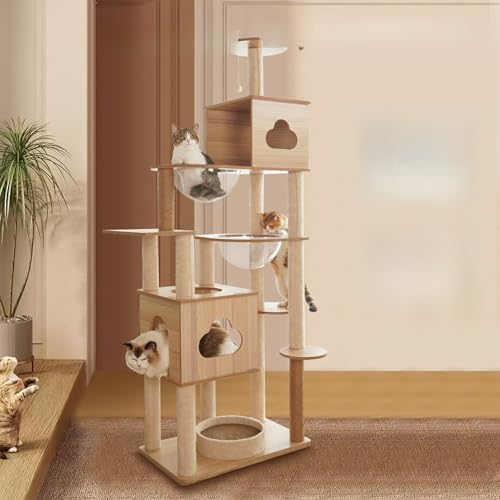 キャットタワー 木製 据え置き 木製キャットタワー 猫タワー おしゃれ 透明 ボウル スリム 省スペース 宇宙船 多頭飼い シニア ネコタワー 突っ張り人気 高さ178 猫用品 爪とぎポール ハンモック ねこハウス