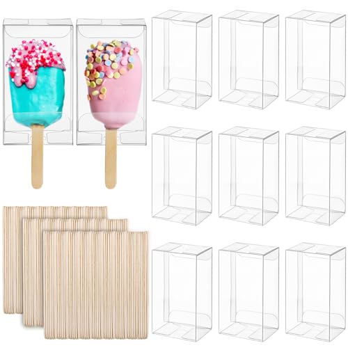 Hacaroa 200 Pieces Clear Popsicle Cakesicle Box Set, 100 Pcs PET Ice Cream Boxes with 100 Pcs Wooden Sticks, 3.7x 2.2x1.5 Inches Candy Treat Box Goody Box Gift for Wedding, Baby Shower, Kids Birthday Party