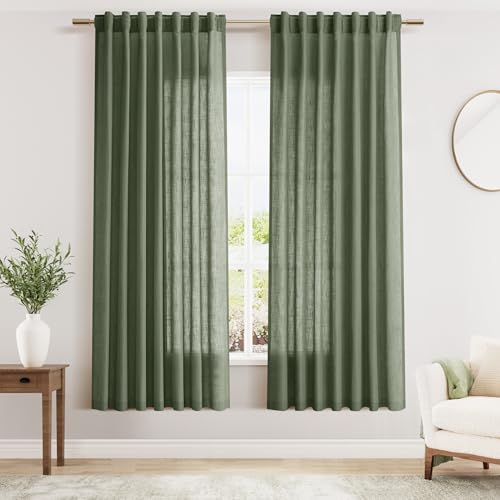 Image of Nanspring Olive Green Semi Sheer Curtains 72 Inches Long 2 Panels Set for Bedroom Back Tab Rod Pocket Light Filtering Privacy Drapes Cotton Linen Textured Farmhouse Living Room Curtain 52X72 Inches