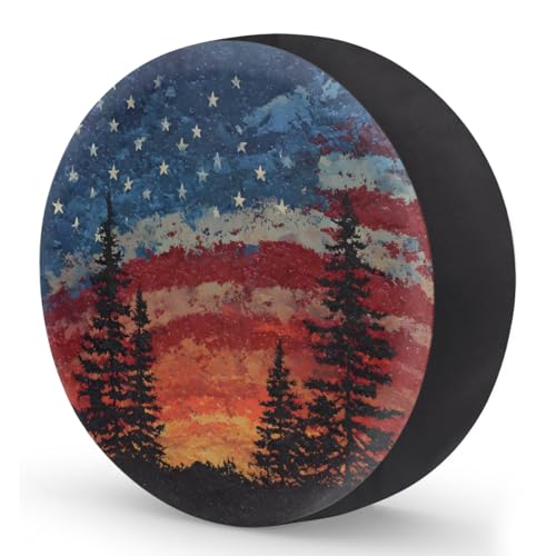 Image of Spare Tire Cover Forest Camping American Flag Wheel Covers Protectors Waterproof Dust-Proof Universal Fit Trailer, RV, SUV and Many Vehicle (15 inch for tire Diameter 27.55 inch-29.13 inch)