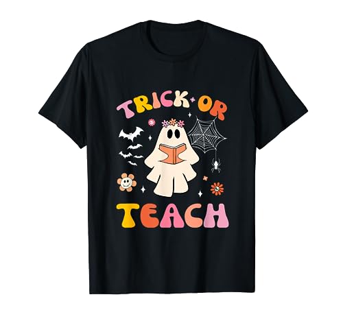 Dolcetto o insegna Groovy Halloween Retro Fantasma Insegnante Donne Maglietta