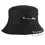 Chic Unisex Bucket Hat Sunhat Five Ring, Safety Pin Piercing Decorations Bucket Hat Packable Beach Sun Hat for Womens Men Black