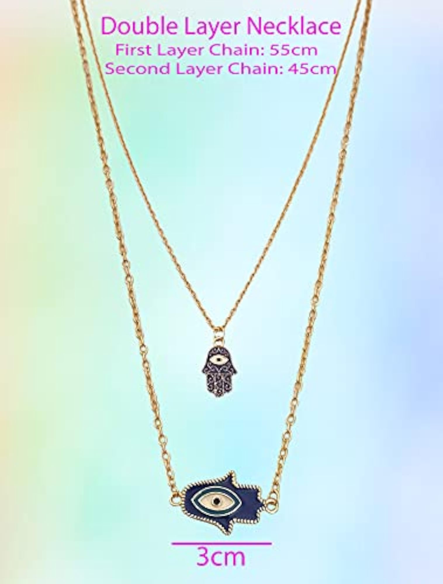 Women's Blue Lucky Blessing Hand & Evil Eye Gold Chain Necklace
