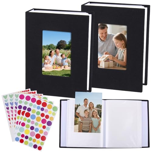 2 Stück Einsteckalbum 10x15 cm Leinen Cover, Fotoalbum für 100 Fotos Zum Einstecken,Mini Fotoalbum mit Fenster Photo Album für Familienfotos, Ideal für Reisen, Hochzeiten und Geburtstage (Schwarz)