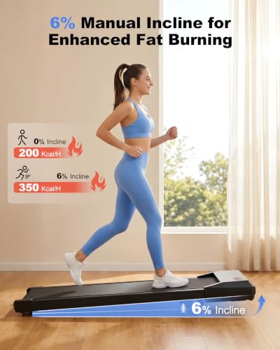 Image of 6% Incline 300 lbs Walking Pad Under Desk Treadmill | Quiet portable mini treadmill for home office with app & remote control. 100% pre-assembled and slim space-saving design.