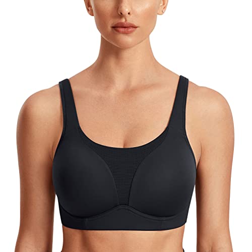 SYROKAN Women's Sports Bra High Impact Comfort Padded Wireless Supportive Plus Size Workout Running Bras Black 40C