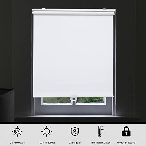 Blackout Roller Shades Blinds Cordless for Windows Pull Down Room Darkening Door Blinds with Thermal Insulated Easy to Install for Living Room,Bedroom,Home,Office Bathroom White 52" Wx72 H