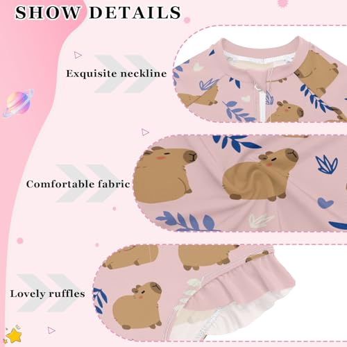 Cute Capybara with Leaves Girls Long Sleeve Swimsuits One Piece Zipper Bathing Suit UPF 50+ Rashguard Swimwear4