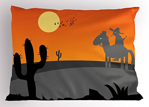 Ambesonne Southwestern Pillow Sham, Cartoon Style Hot Mexico Desert Landscape with Saguaro Cactus and Horse Rider, Decorative Standard Size Printed Pillowcase, 26