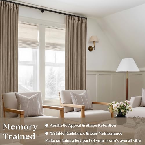 Image of TWODRAPES 98 Inch Tan Brown Linen Curtains for Living Room Pinch Pleated Drape with Hooks Rings for Track System Light Filtering 98 Inch Curtain for Bedroom Sliding Patio Door 2 Panels Latte