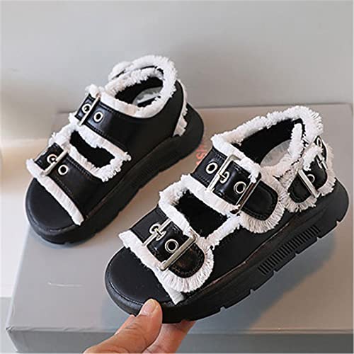 Big Kids Girl Black Hairy Edge Adjustable Ankle Sandals Width Soft Bottom Casual Buckle Princess Shoes2