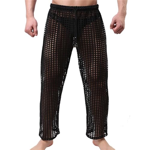 JEKE-DG Men's See Through Mesh Pant Fishnet Openwork Lingerie Pants Drawstring Sexy Long Pants Pajamas Bottoms