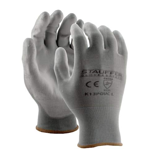 Stauffer Ultra-Thin Gray Polyurethane (PU) Coated Safety Work Gloves | 13 Gauge Polyester Liner, Light and Flexible Grip - Medium (12 Pair)