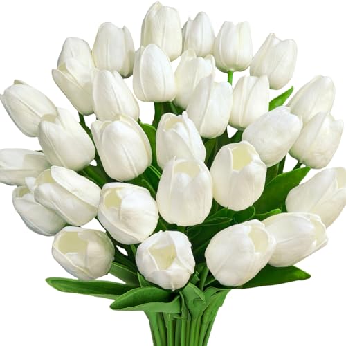 Image of Bassion 30 Pcs White Fake Tulips Artificial Flowers for Decoration | Real touch, PU faux tulips flowers, artificial plants indoor, for home decor wedding Mother's Day spring Easter decorations