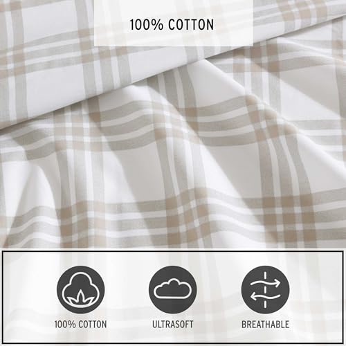 Image of Eddie Bauer - Queen Sheet Set with Fitted Sheet & Pillowcases, 100% Cotton Percale Bedding, Crisp & Cool, Deep Pocket, Basic Plaid Beige