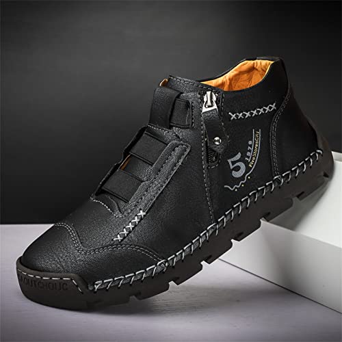Black Leather Shoes for Men Casual Ankle Lace up Boots Slip on Lightweight Loafers Mid Top Walking Sneakers3