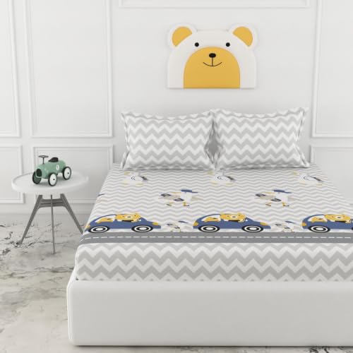Image of LORETO - A QUALITY LINEN BRAND 186 TC 100% Pure Cotton Double /Queen Fitted Bedsheet with 2 Pillow Covers for 78 x 60 Inch Mattress, All-Around Elastic, 8 Inch Deep Pocket, Car Ride