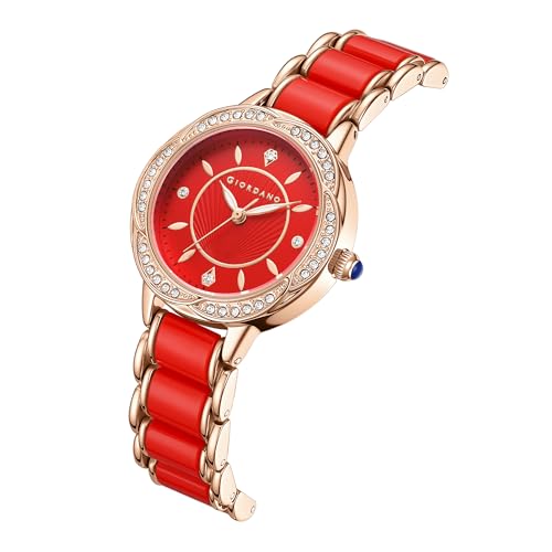 Image of Giordano Flower Case Watch for Women with Crystal-Studded Bezel, Diamond Hour Markers & Dual Tone Stainless Steel Strap