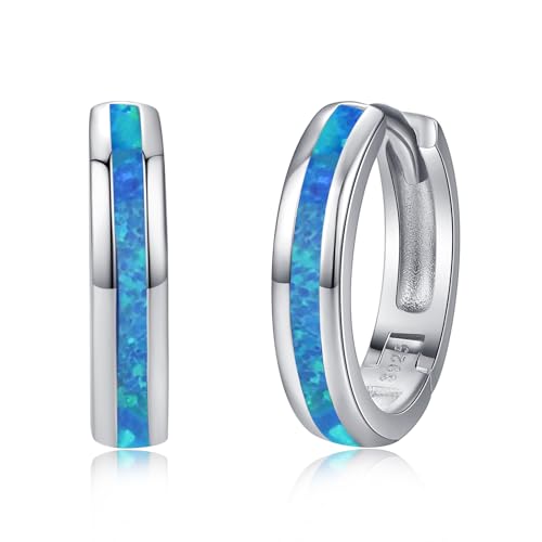 Huggie Earrings for Men Women 925 Sterling Silver Blue Opal Small Mens Hoop Earrings Fashion Jewelry Gifts for Birthday Anniversary Graduation