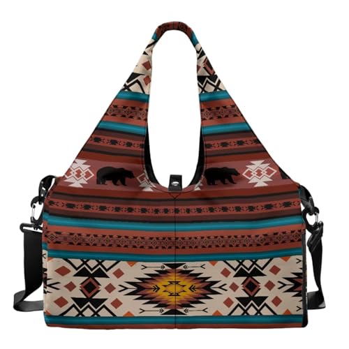 Gym Bag With Yoga Mat Holder With Shoe Compartment 4 Open Pocket Holds More Accessories Fits For Most Yoga Mats Lightweight Canvas Duffle Bag Aztec Bear Native American