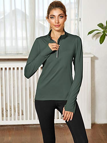 Icyzone Workout Long Sleeve Shirts For Women - Yoga Running Tops Quarter Zip Pullover Exercise T-Shirts With Thumb Holes (S, Smoke Pine) #TOP1