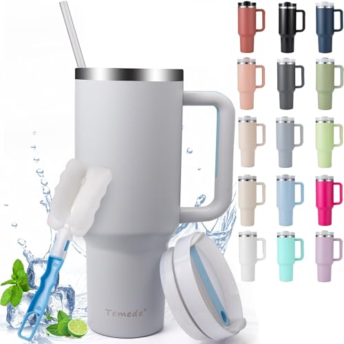 Temede Taza térmica con pajita y asa, 1180 ml, taza de café con asa y paja, doble pared de acero inoxidable, taza de vacío portátil para bebidas calientes y frías
