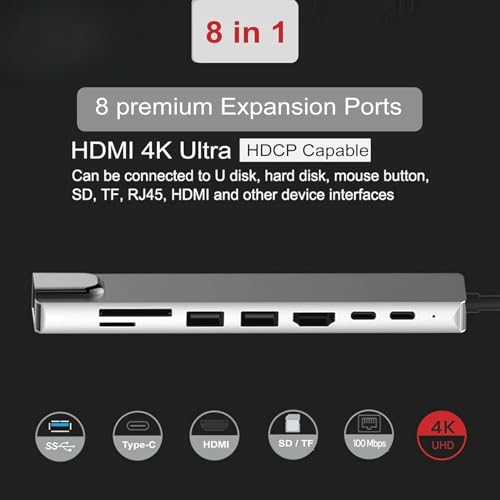 Image of NEXSA USB C Hub Dock 8 in 1 HDCP Aluminum Type C Adapter with 4K HDMI Port, Ethernet 100mbps RJ45 Port, USB 3.0 Port, USB-C Power Delivery, TF /SD Card Reader, MacBook /Dell /USB C Devices
